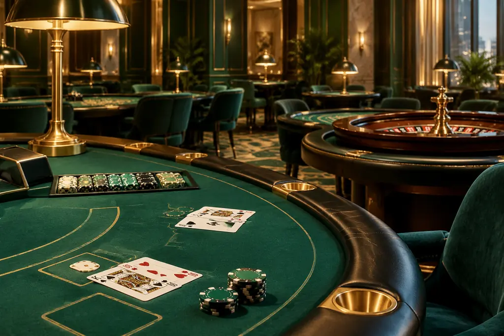 Meja kartu dan kursi di ruang kasino jade