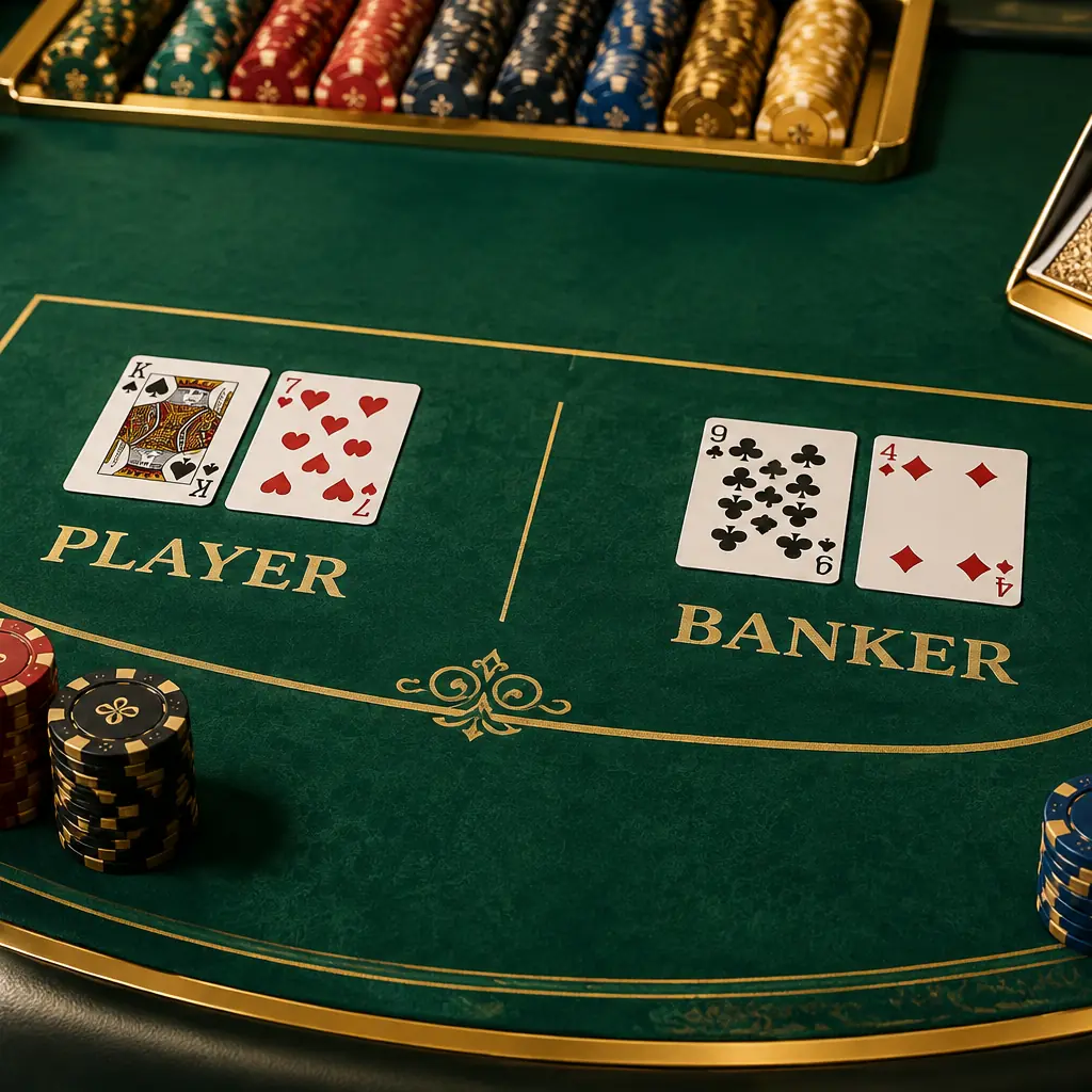 Meja baccarat dengan kartu dan chip