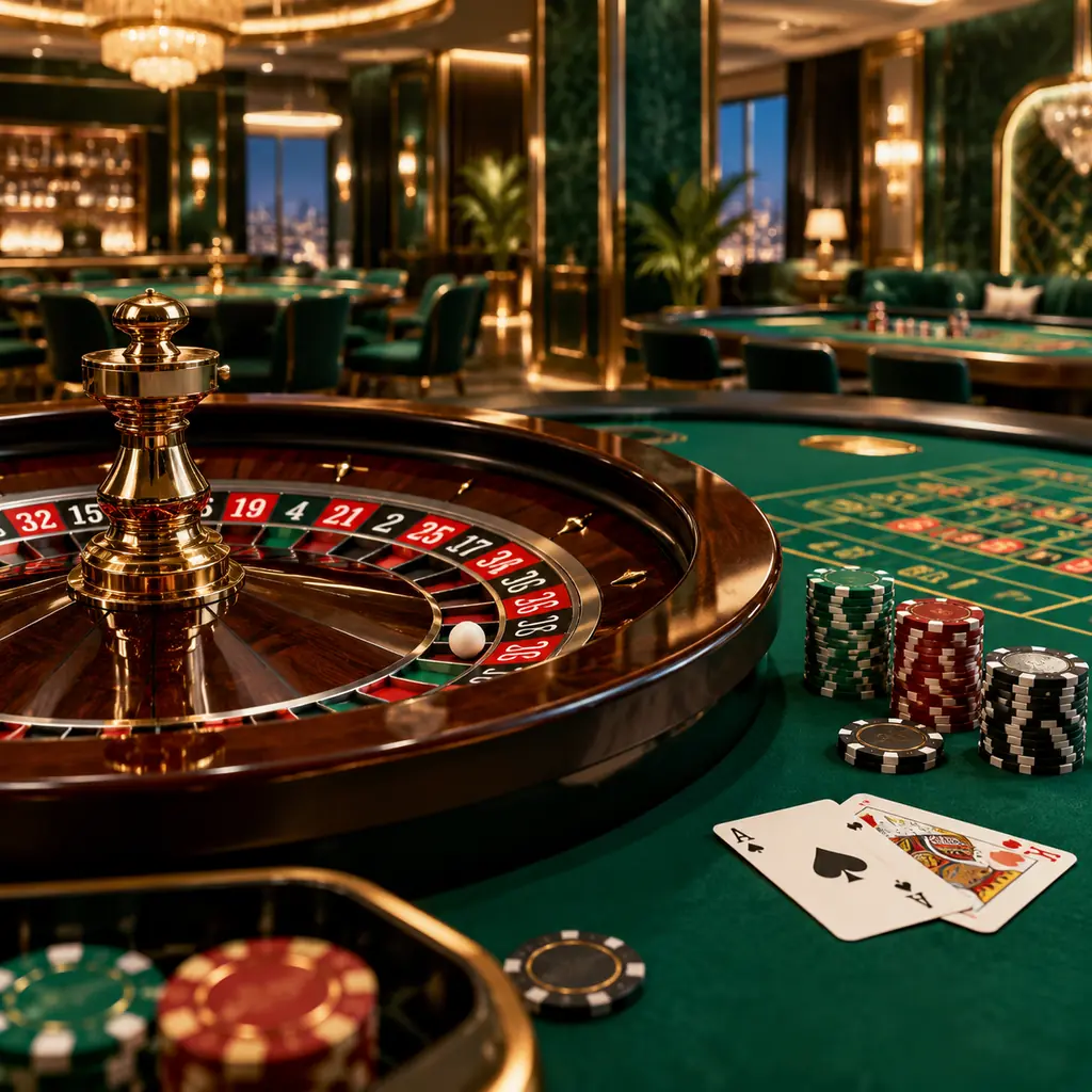 Interior kasino bernuansa jade dengan meja roulette dan kartu