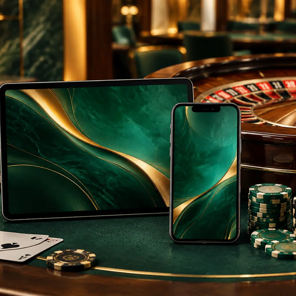 Tablet dan ponsel di dekat meja roulette